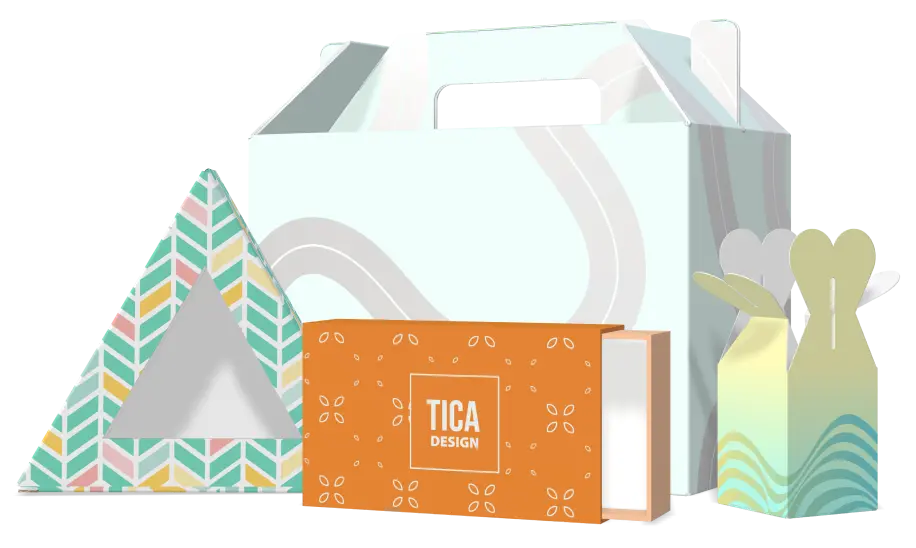Personalized packaging boxes with unique shapes and vibrant patterns for product branding.
